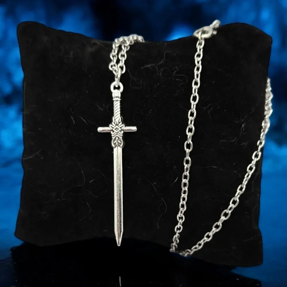 Gothic Sword Cross Pendant Necklace Medieval Dagger Silver Chain 18